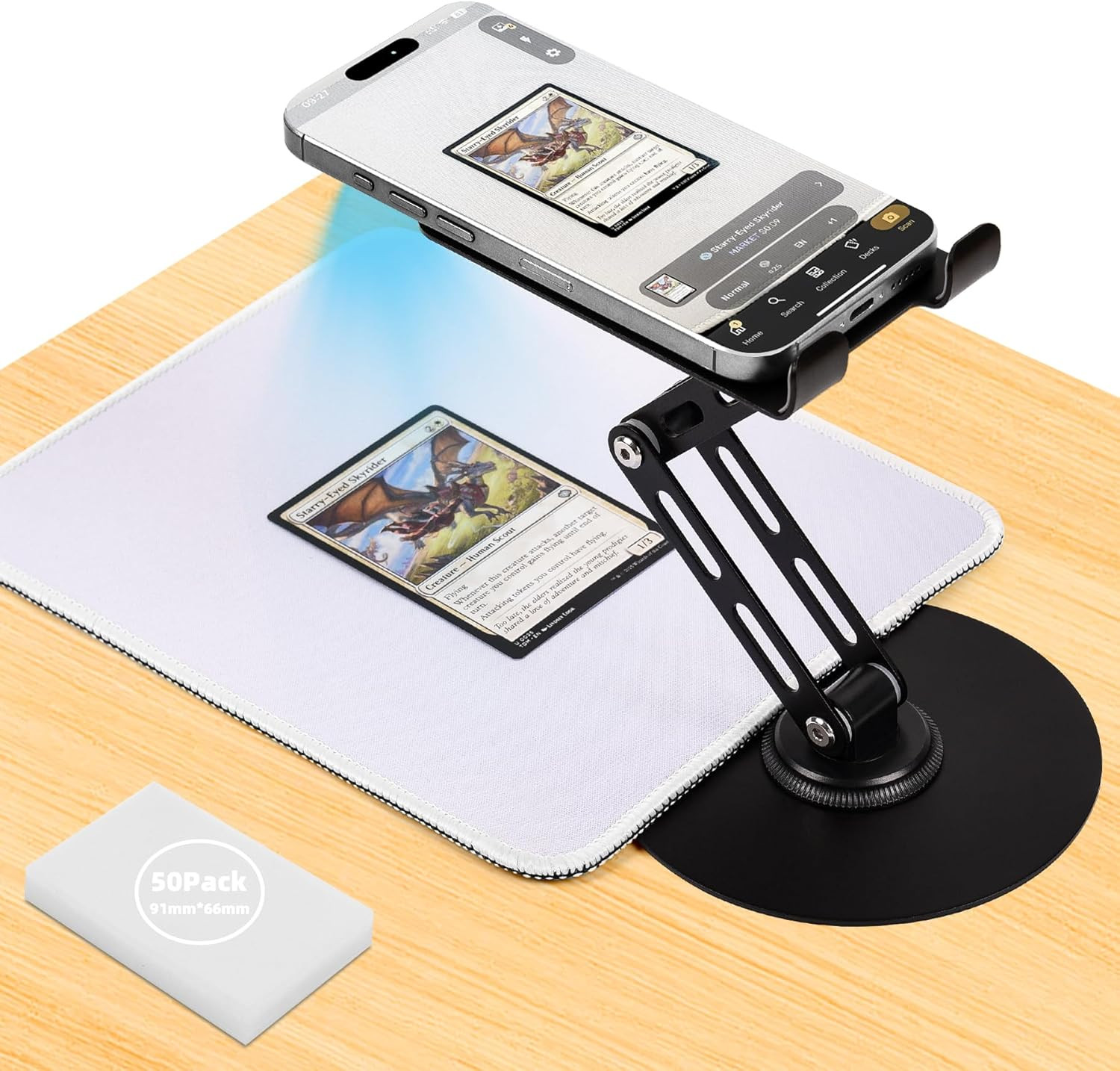 Foldable MTG Trading Card Scanner Stand,Carbon Steel Phone Holder Includes 50 St