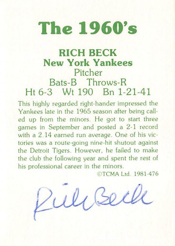 Rich Beck autographed baseball card (Yankees) 1981 TCMA #476 signature on back