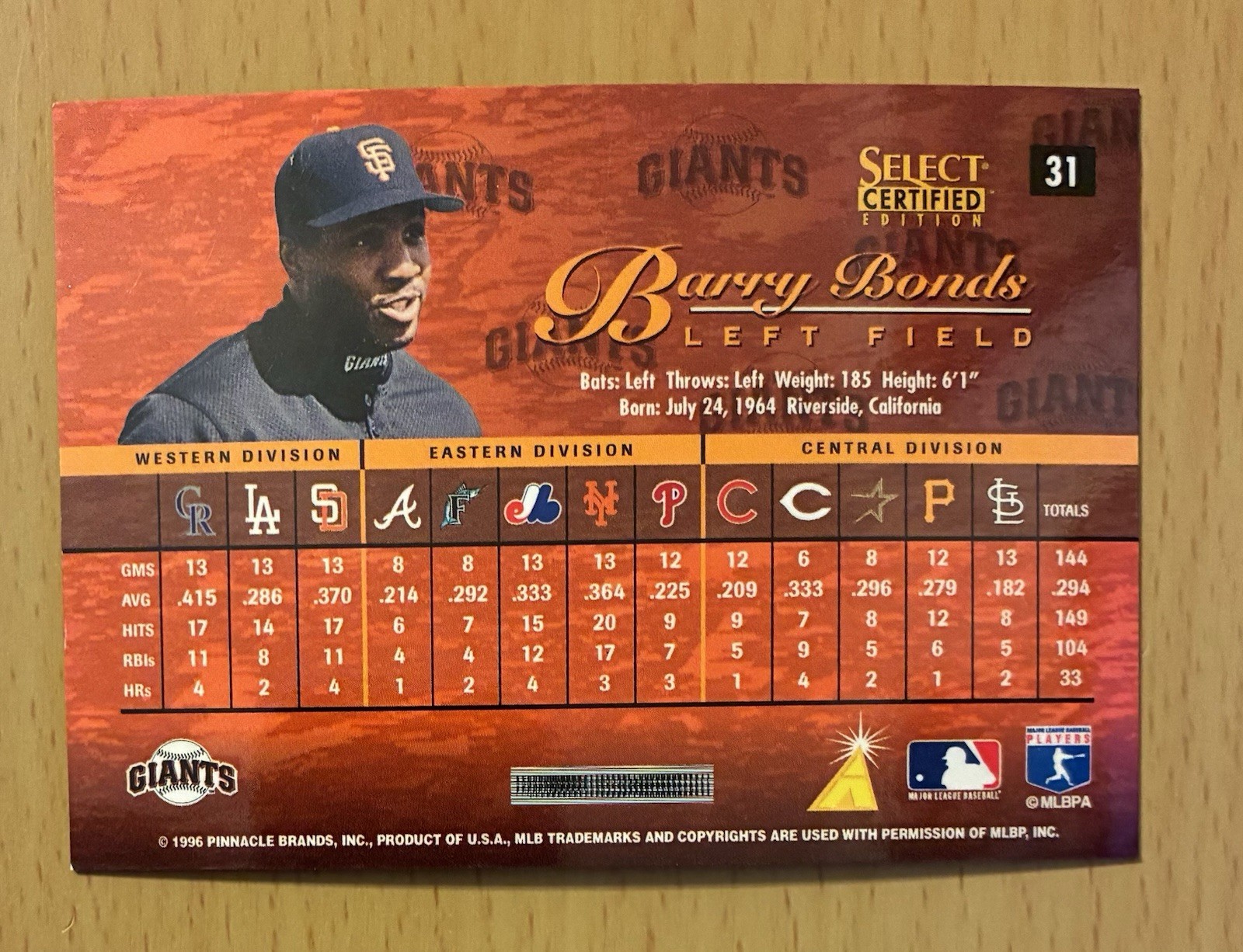 1996 SELECT CERTIFIED BASEBALL CERTIFIED RED BARRY BONDS #31 SAN FRANCISCO GIANT