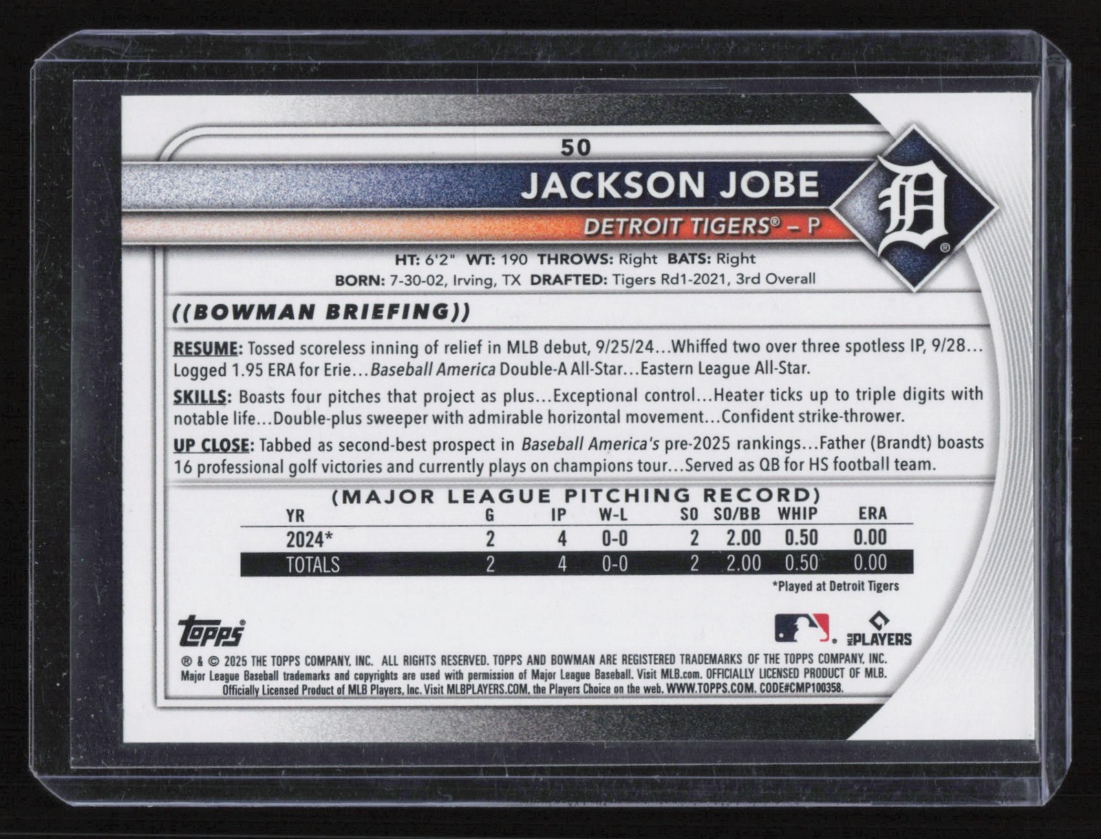 2025 Bowman #50 Jackson Jobe Yellow /75 Card