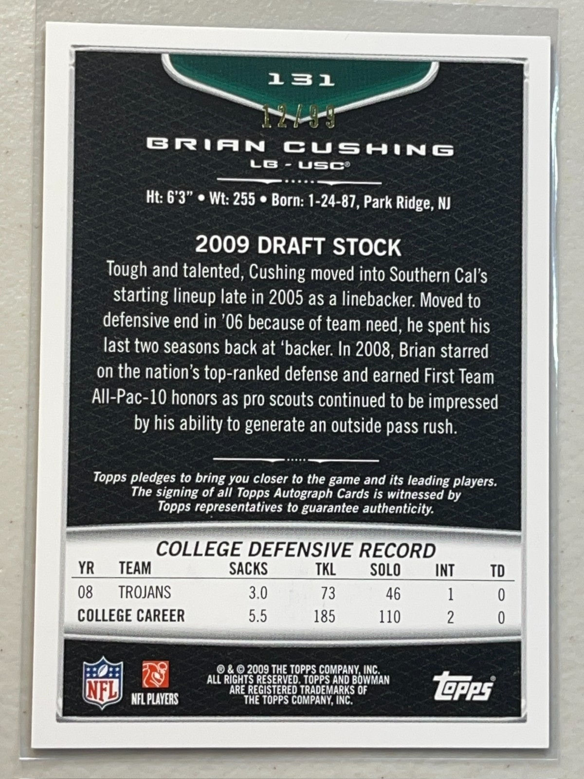 Brian Cushing 2009 Bowman /99 Bronze RC Auto Autograph Rookie USC #131