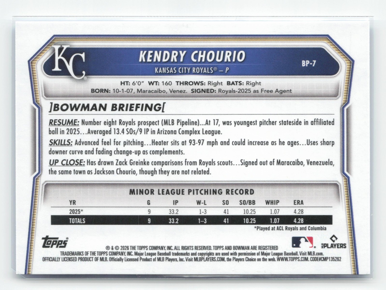 Kendry Chourio 2026 Bowman #BP-7 Prospects Sky Blue #/499