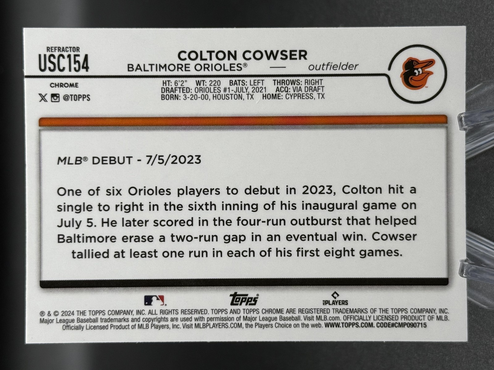 2024 Topps Chrome Update Colton Cowser Refractor RC Rookie Baltimore Orioles