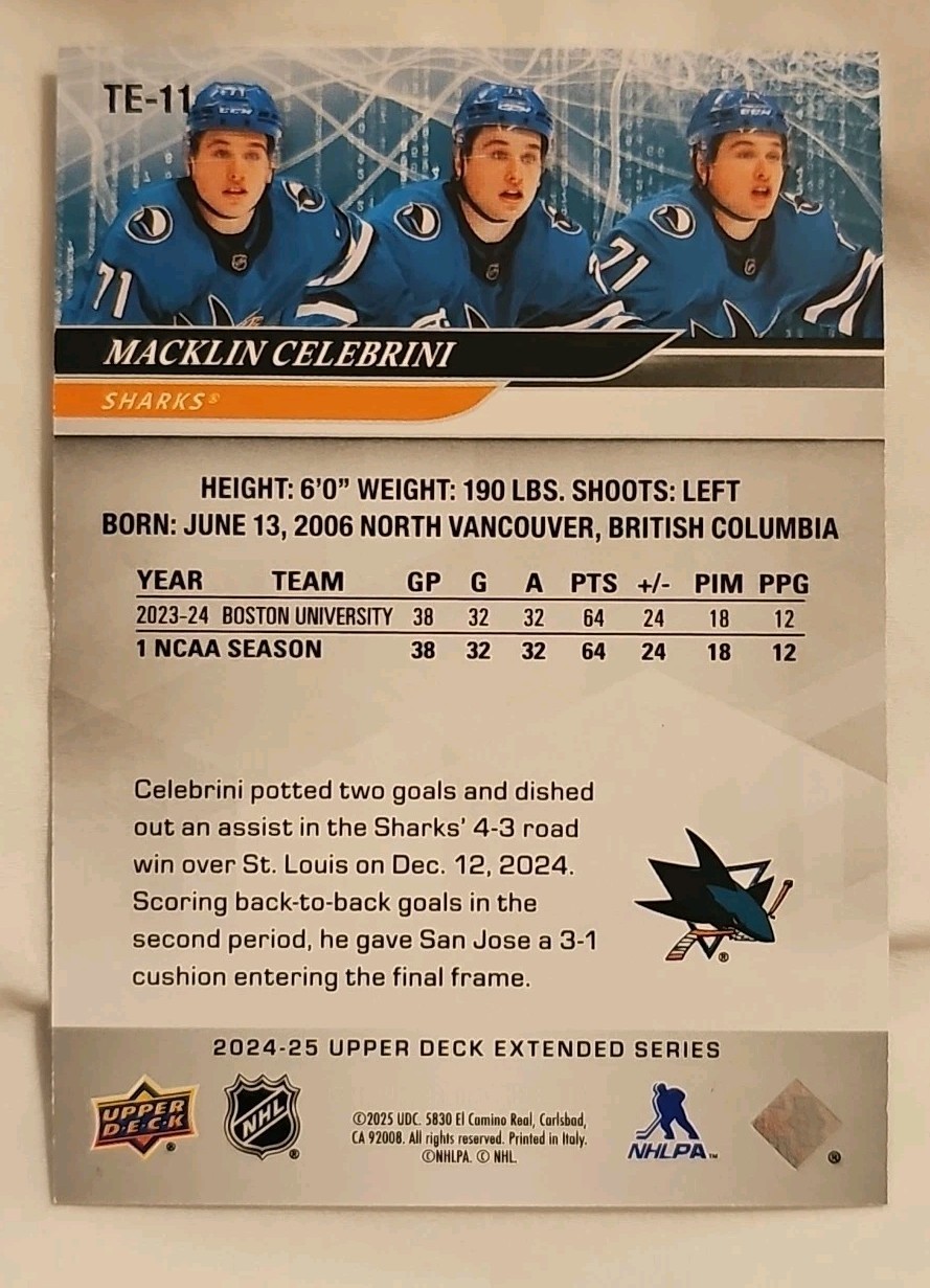 24-25 Upper Deck Extended Series Macklin Celebrini Triple Exposure Rookie Card🔥