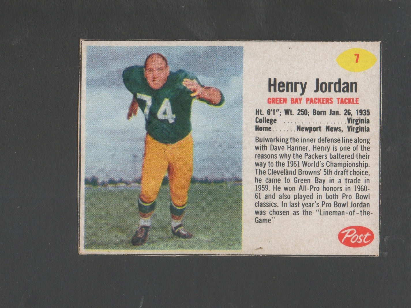 1962 Post Football Card #7 Henry Jordan-Green Bay Packers Vg Ex Card