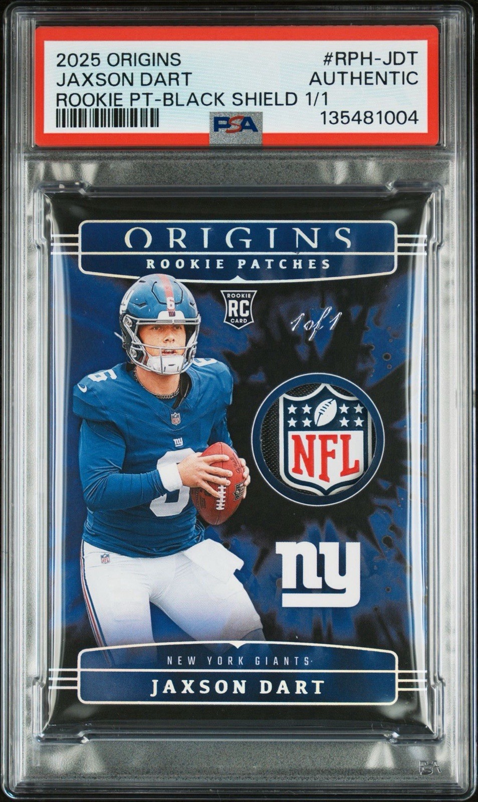 2025 ORIGINS JAXSON DART ROOKIE PT-BLACK NFL SHIELD 1/1 PSA AUTHENTIC