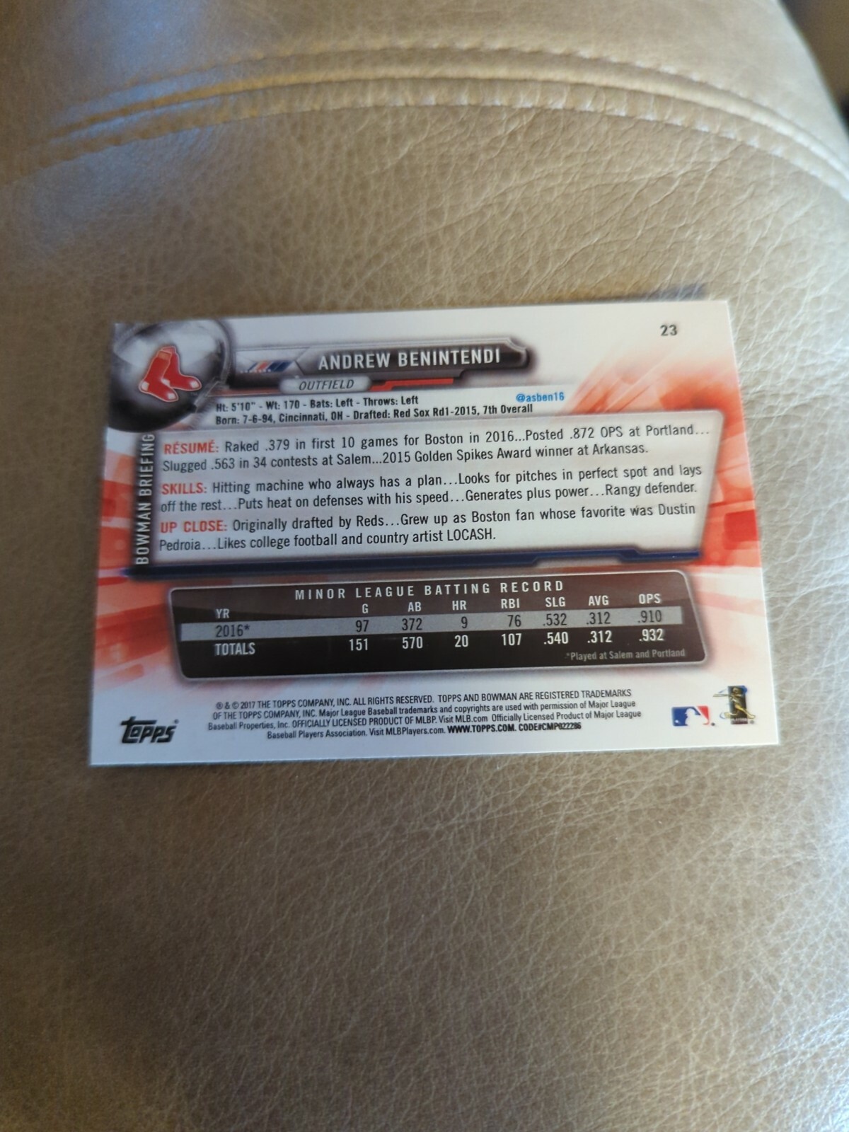 ANDREW BENINTENDI 2017 BOWMAN #23 RED SOX ROOKIE LOGO RC