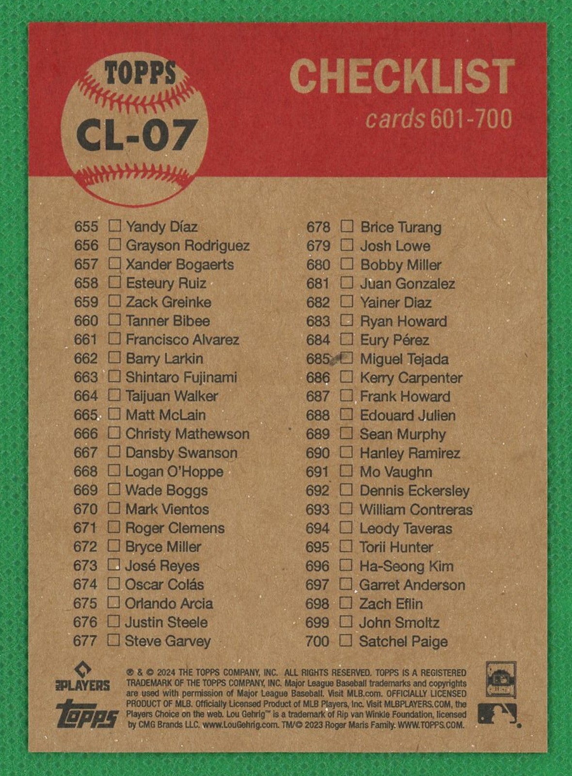 CHECKLIST 2024 Topps Living Set Baseball #CL-07 Cards 601-700