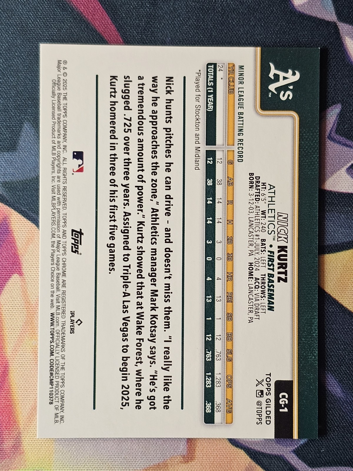 2025 Topps Gilded Collection NICK KURTZ #CG-1 Cast in Gold – Athletics RC /199