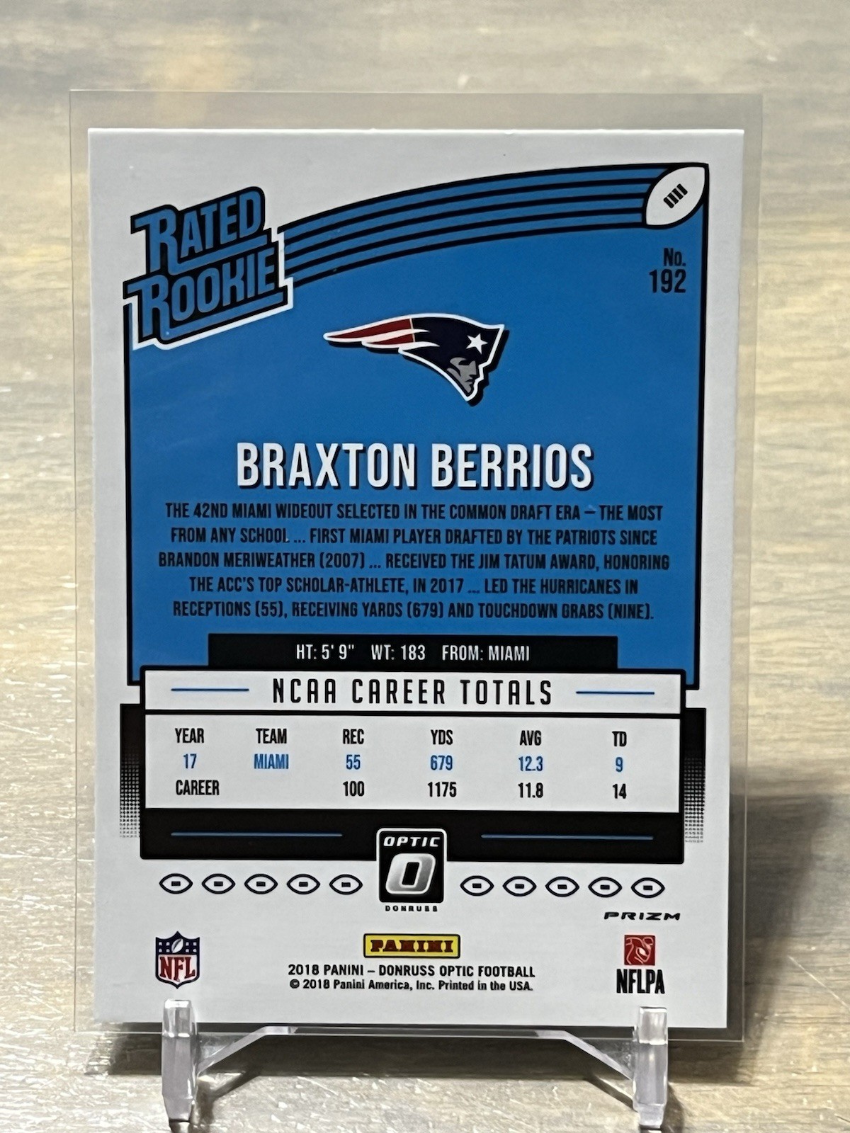 2018 Panini Donruss Optic Braxton Berrios Rated Rookie Silver Holo Prizm #192