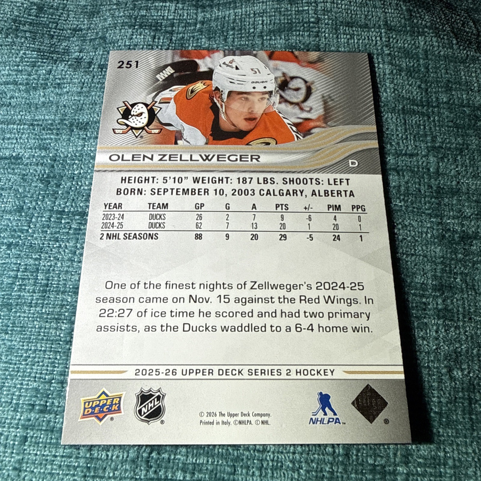 2025-26 Upper Deck #251 – Olen Zellweger – Anaheim Ducks
