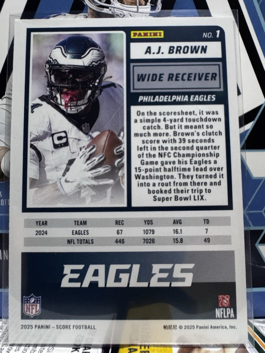 Panini 2025 Score A.J. Brown Philadelphia Eagles Football Card #1. /799