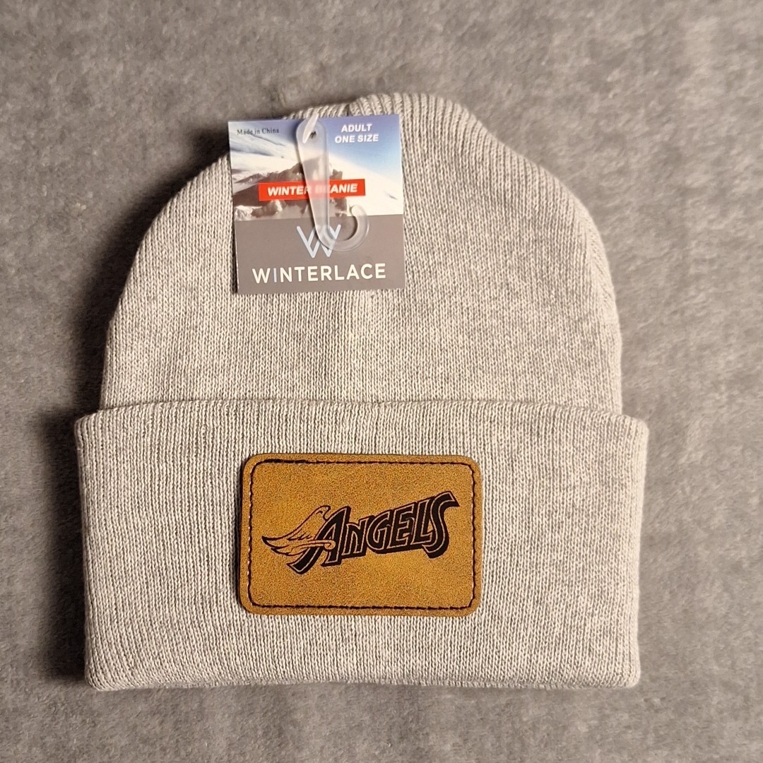 Los Angeles Angels Leather Rectangle Patch Gray Beanie Cap MLB