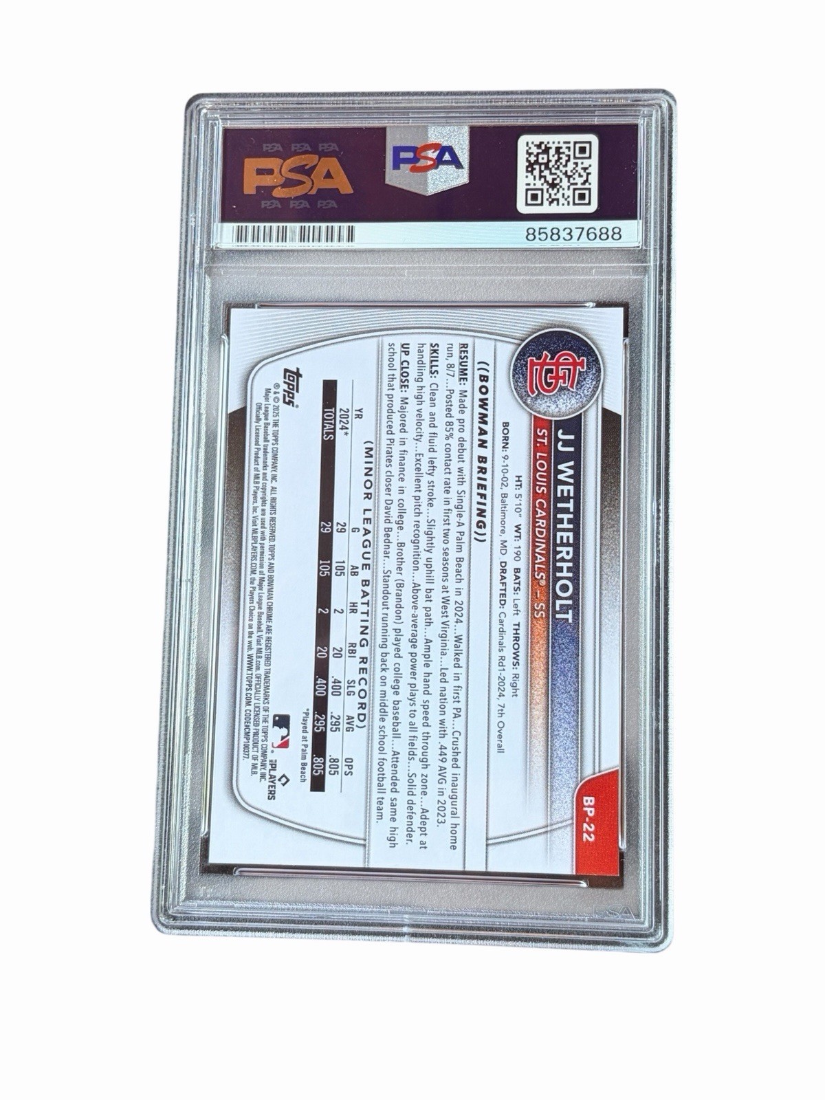 JJ Wetherholt Signed 1st Bowman Paper Card Auto St. Louis Cardinals PSA
