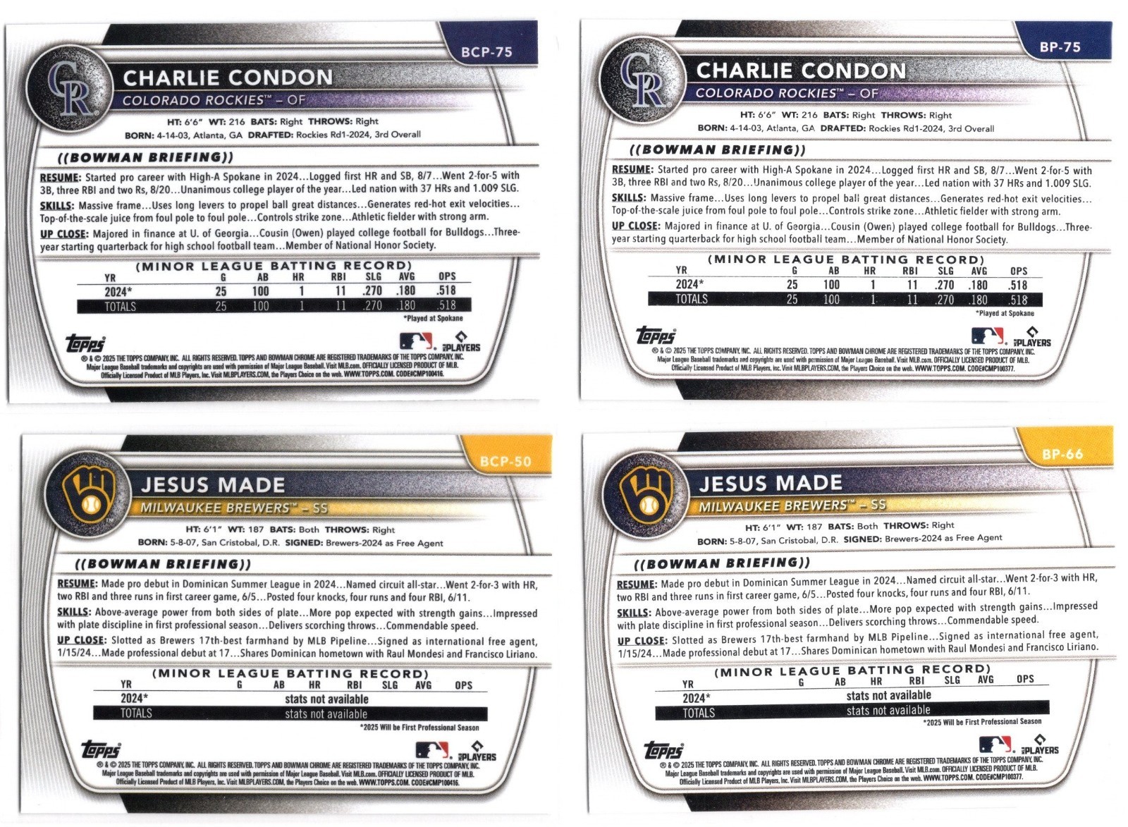 2025 Bowman Prospects & Chrome BP & BCP 1-150 Complete Sets Jesus Made Condon