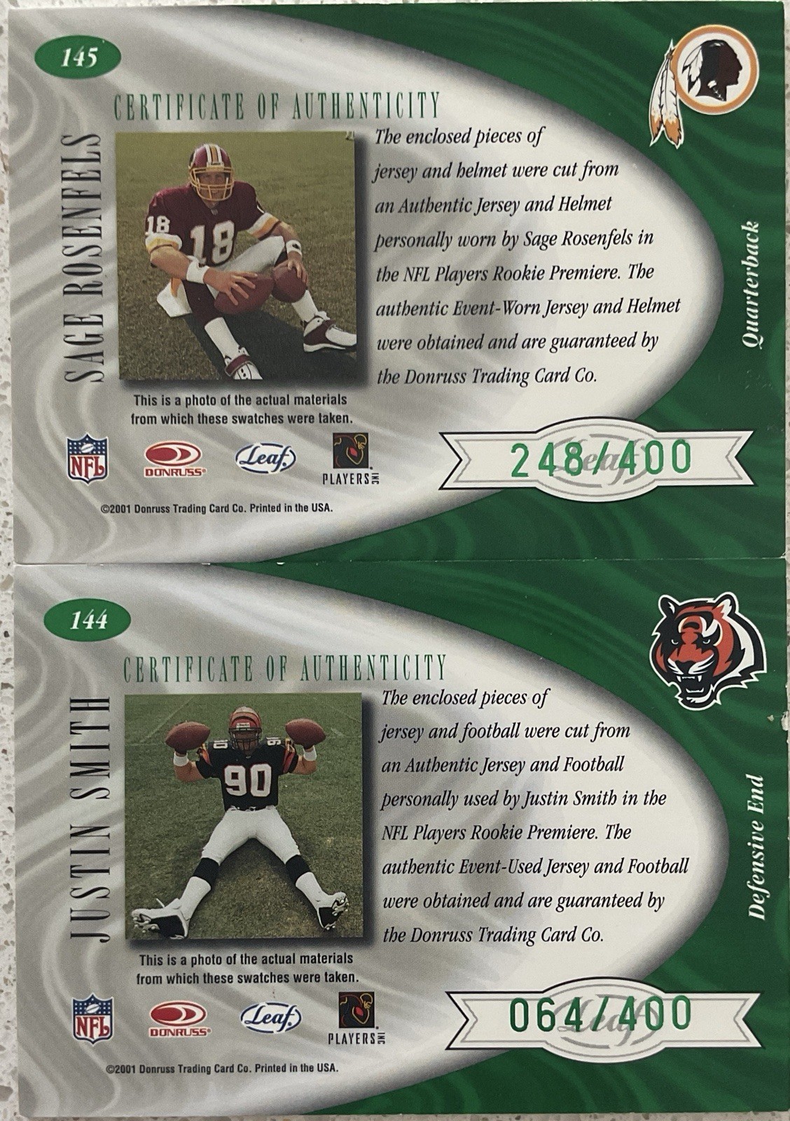 2001 Leaf Certified Materials-Freshman Fabric #144+145 /400 (MEM, RC) Lot (2)