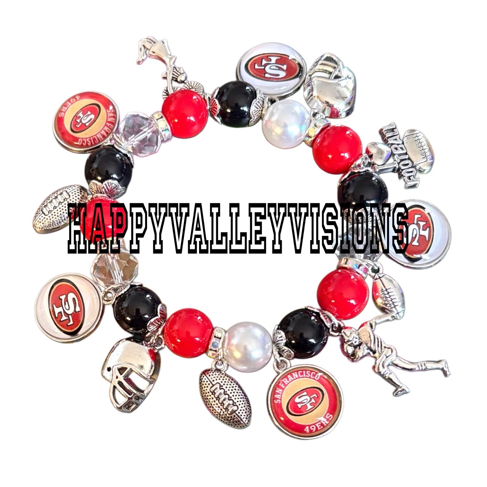 Women’s SAN FRANCISCO 49ERS Football Charm Bracelet Metal Glass Charms Stretchy