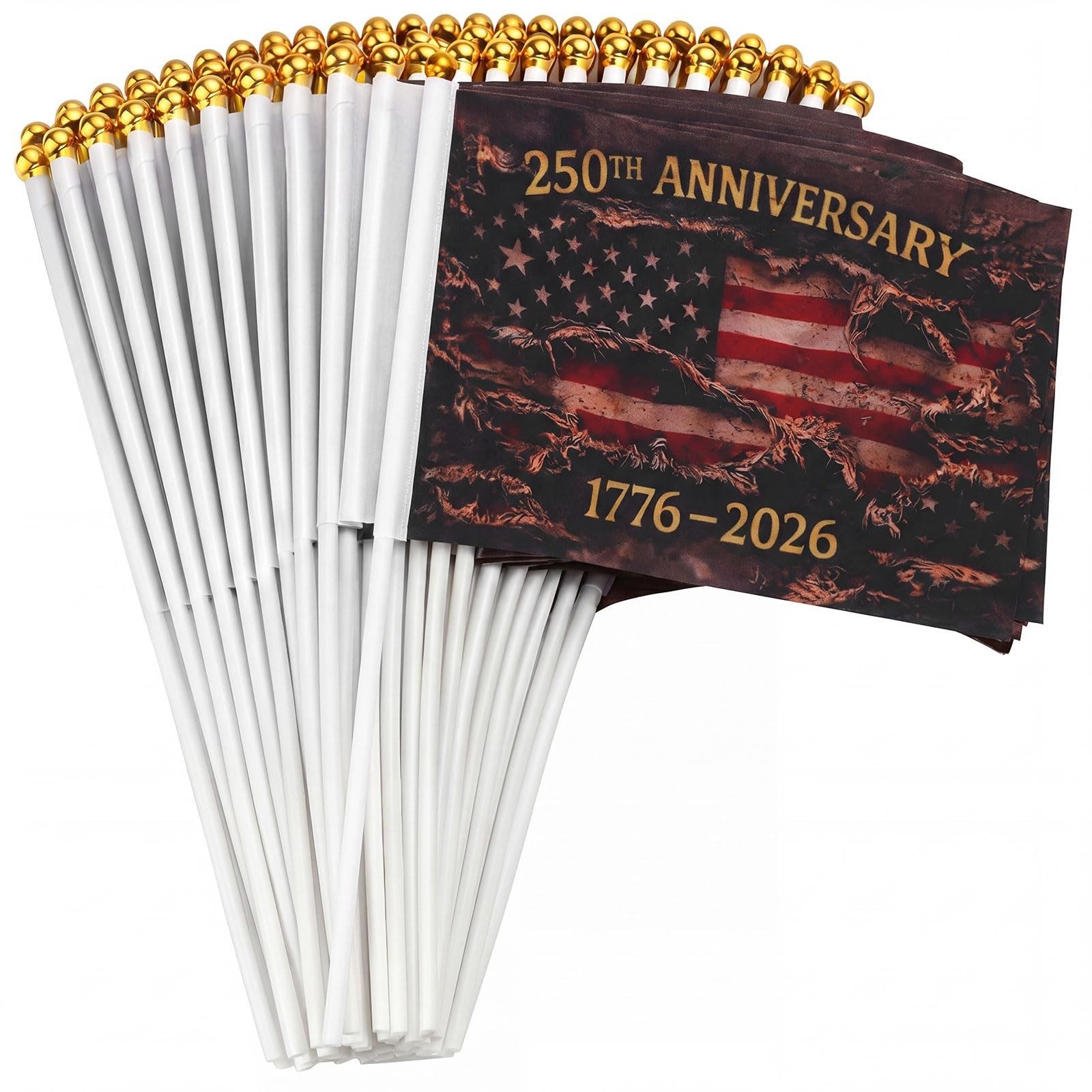 100 Pcs 250th Anniversary Flag on Stick America Hand Held Flag 1776-2026 America