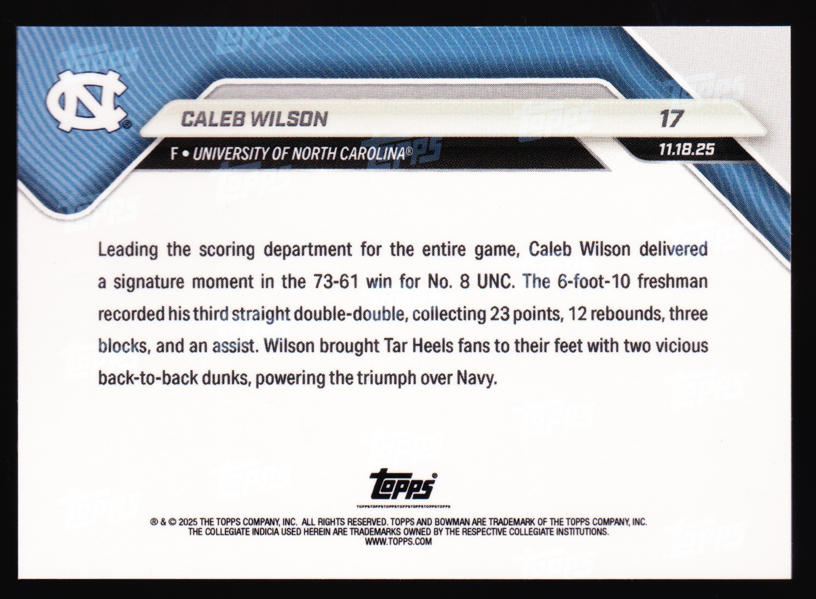 Caleb Wilson UNC Tar Heels 2025-26 Bowman U NOW Basketball #17 SP Base