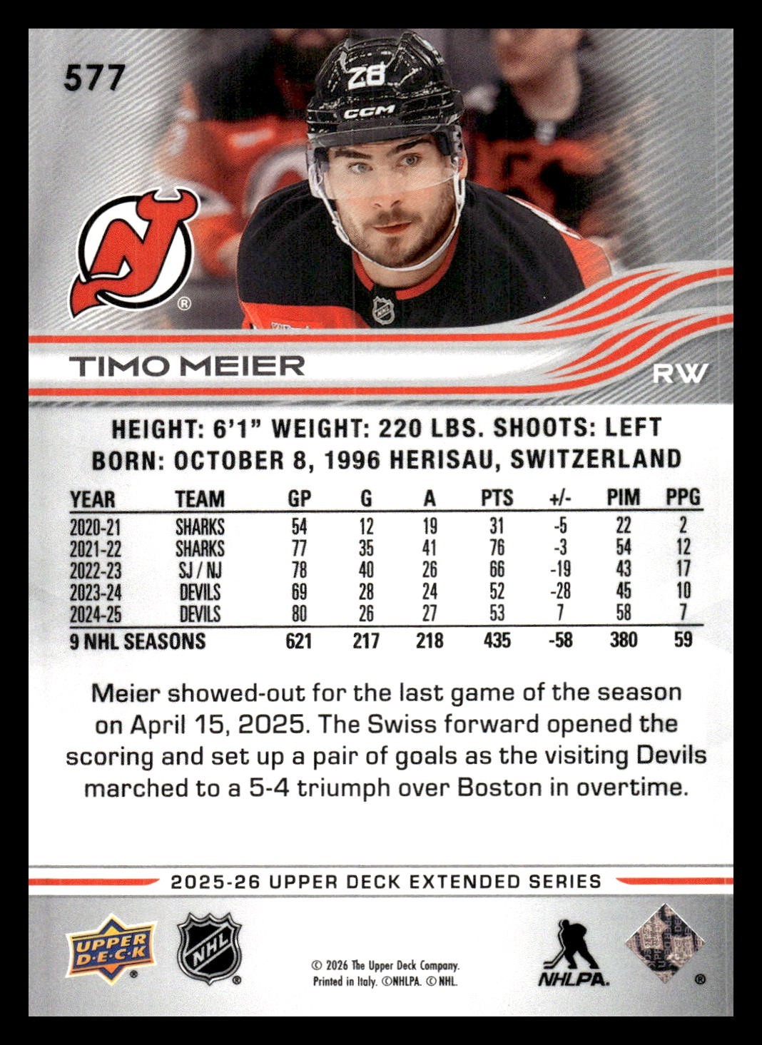 2025-26 UD Extended Base 577 Timo Meier, New Jersey Devils