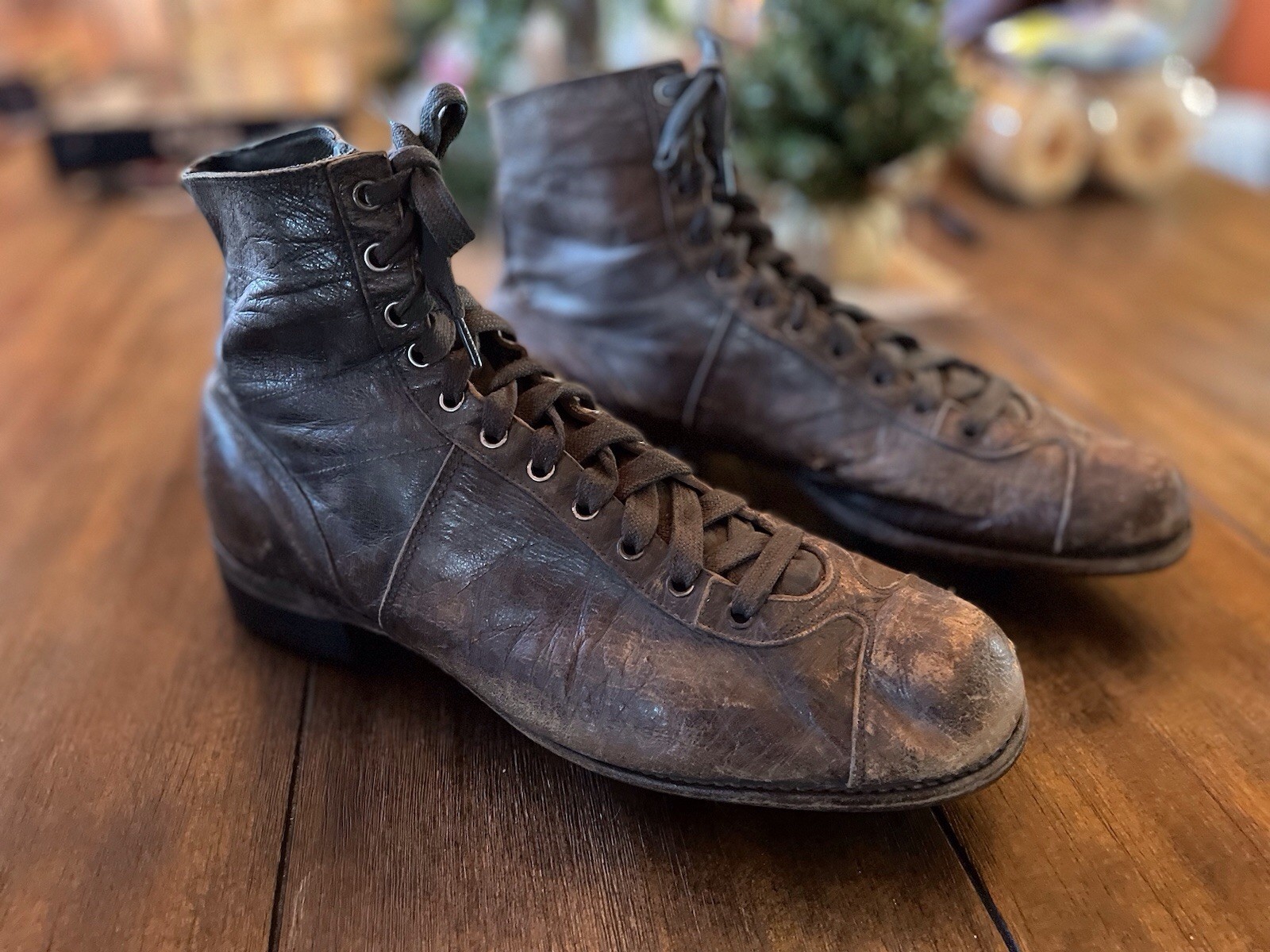 Football Rugby shoes antique leather with cleats vintage sports memorabilia