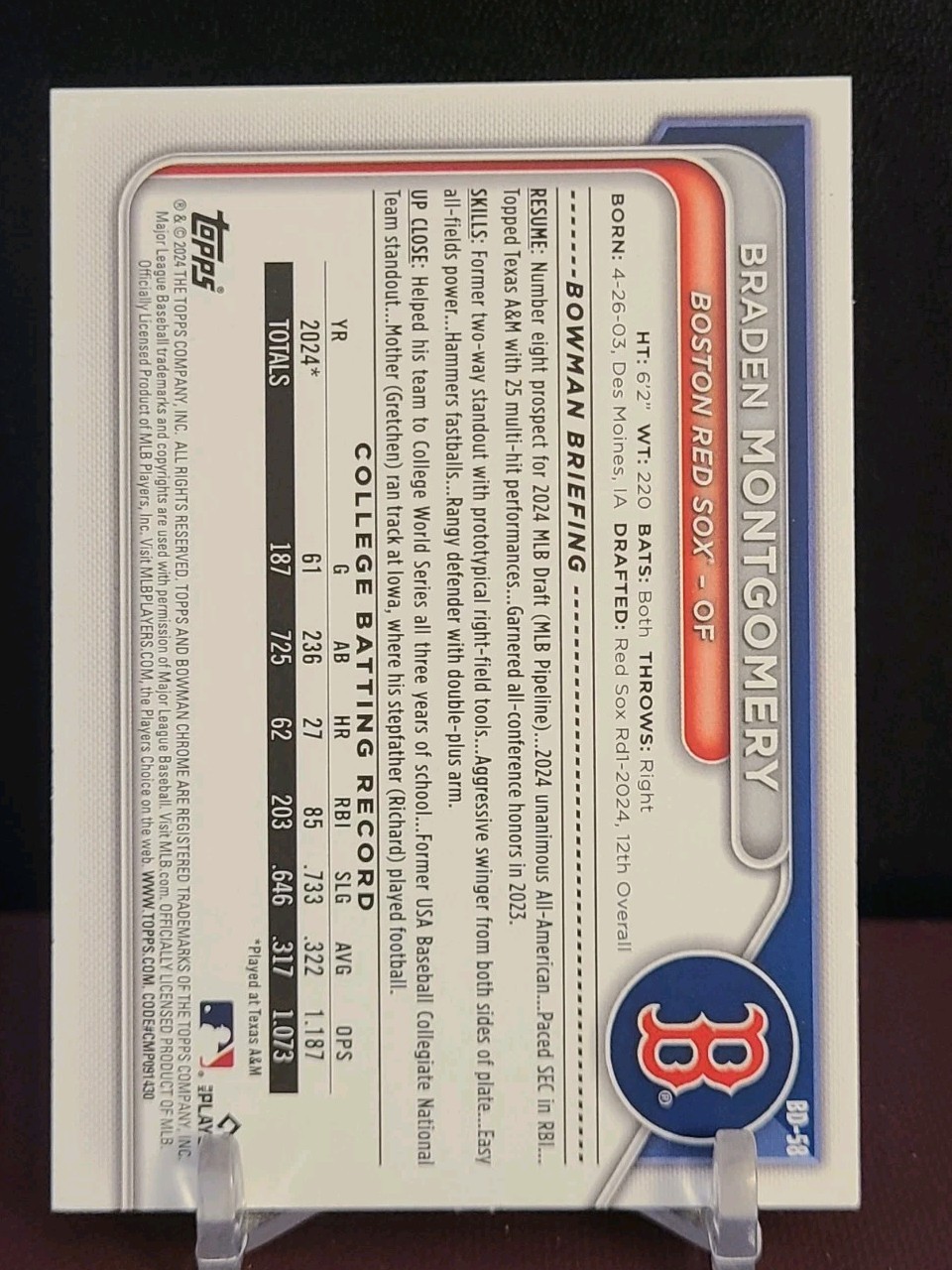 2024 Bowman Draft Braden Montgomery #BD-58 1st Bowman RC