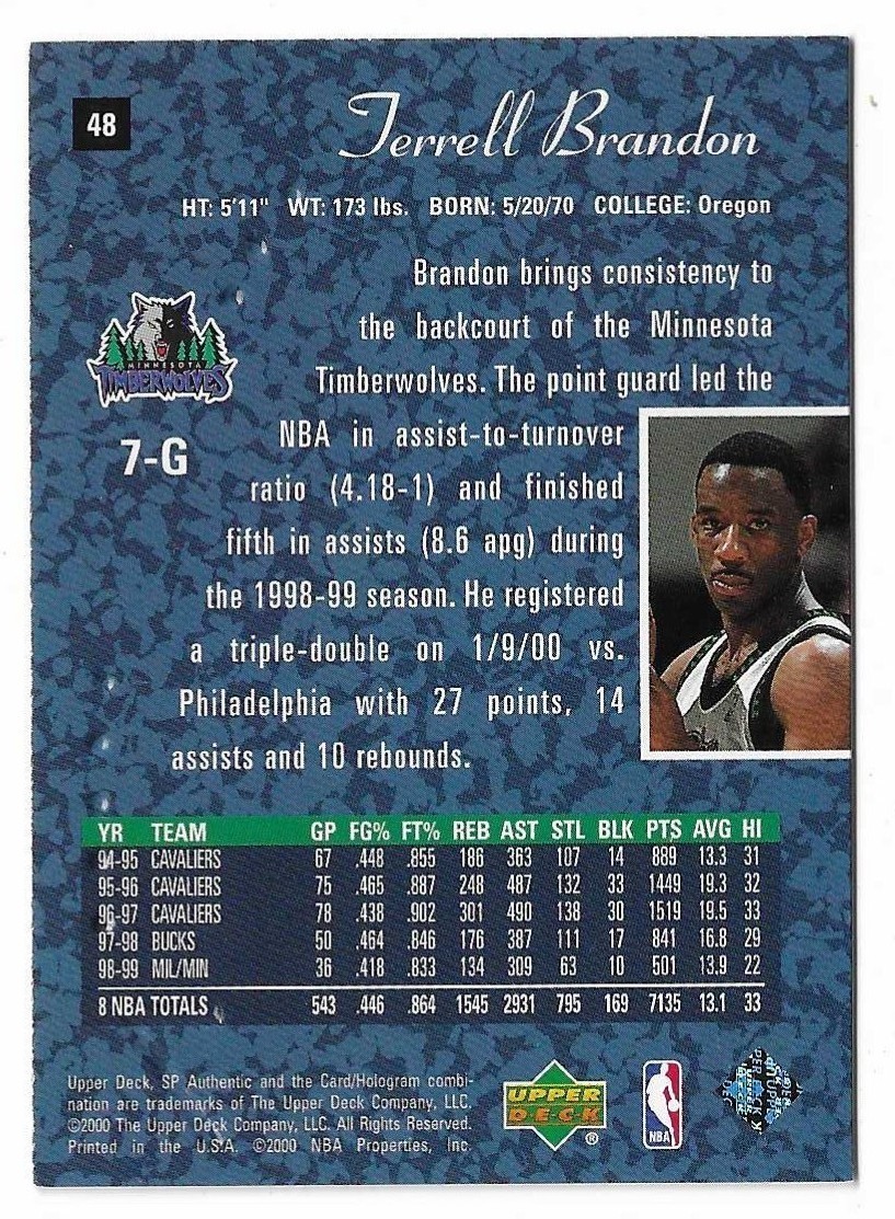 1999-00 SP Authentic Basketball Terrell Brandon Card #48 Minnesota Timberwolves