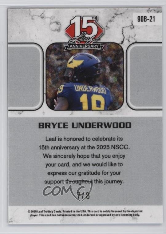 2025 Leaf 15th Anniversary National Convention 1990 7/8 Bryce Underwood 12l9