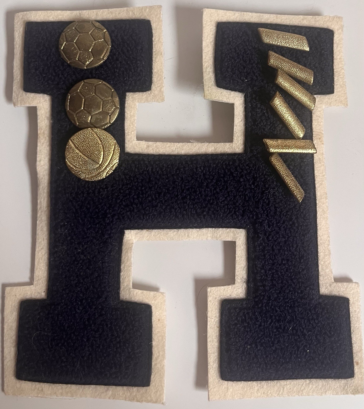 Varsity Letter H Patch With Soccer and Basketball Award Pins Blue with White