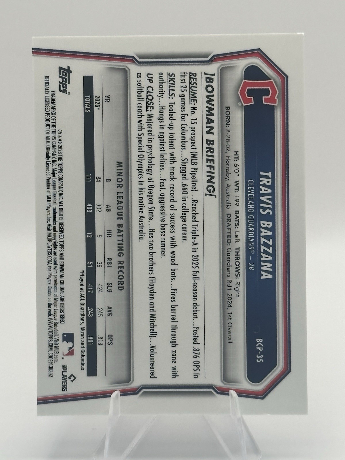 2026 Bowman TRAVIS BAZZANA Chrome Reptilian Refractor BCP-35 Cleveland Guardians