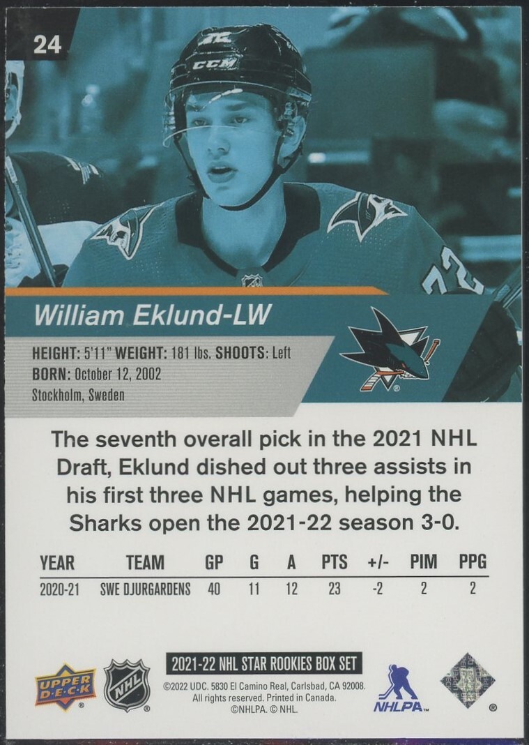 2021-22 Upper Deck Star Rookies William Eklund Rookie San Jose Sharks RC #24