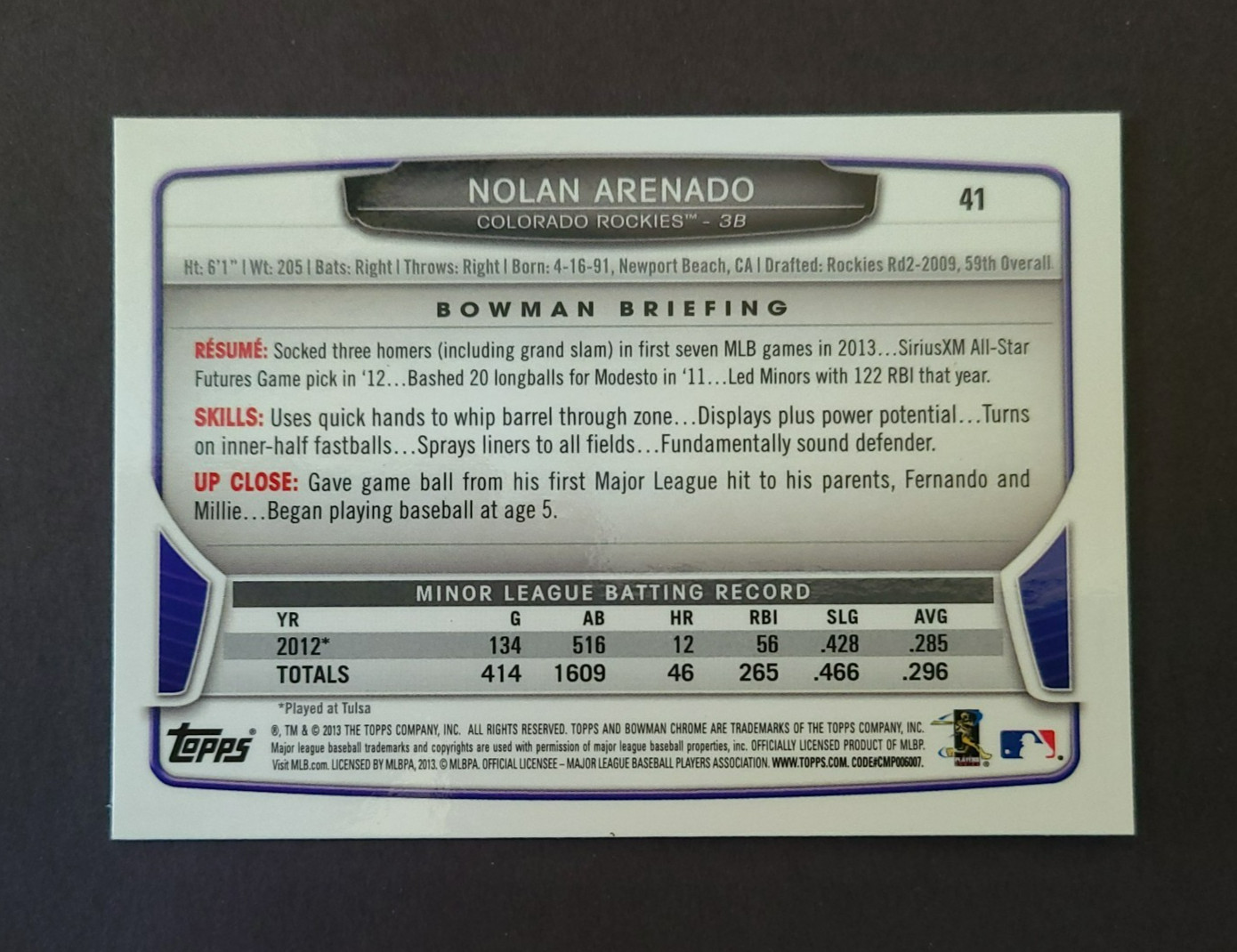 2013 Bowman Draft Picks & Prospects – Chrome Nolan Arenado RC #41 – Rockies