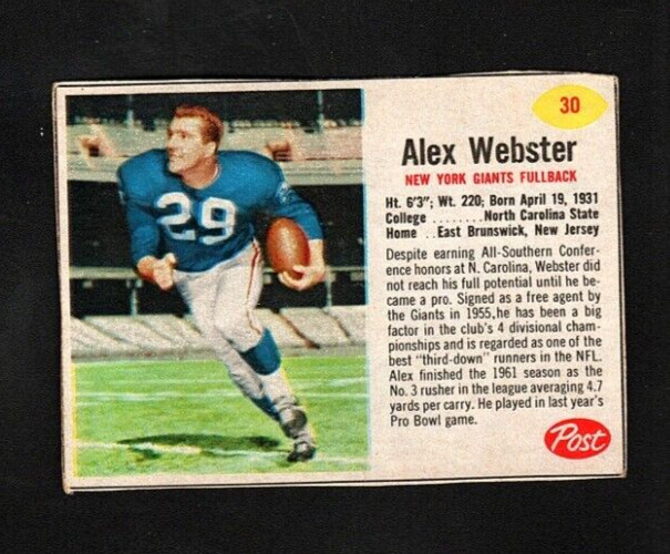 4516* 1962 Post # 30 Alex Webster