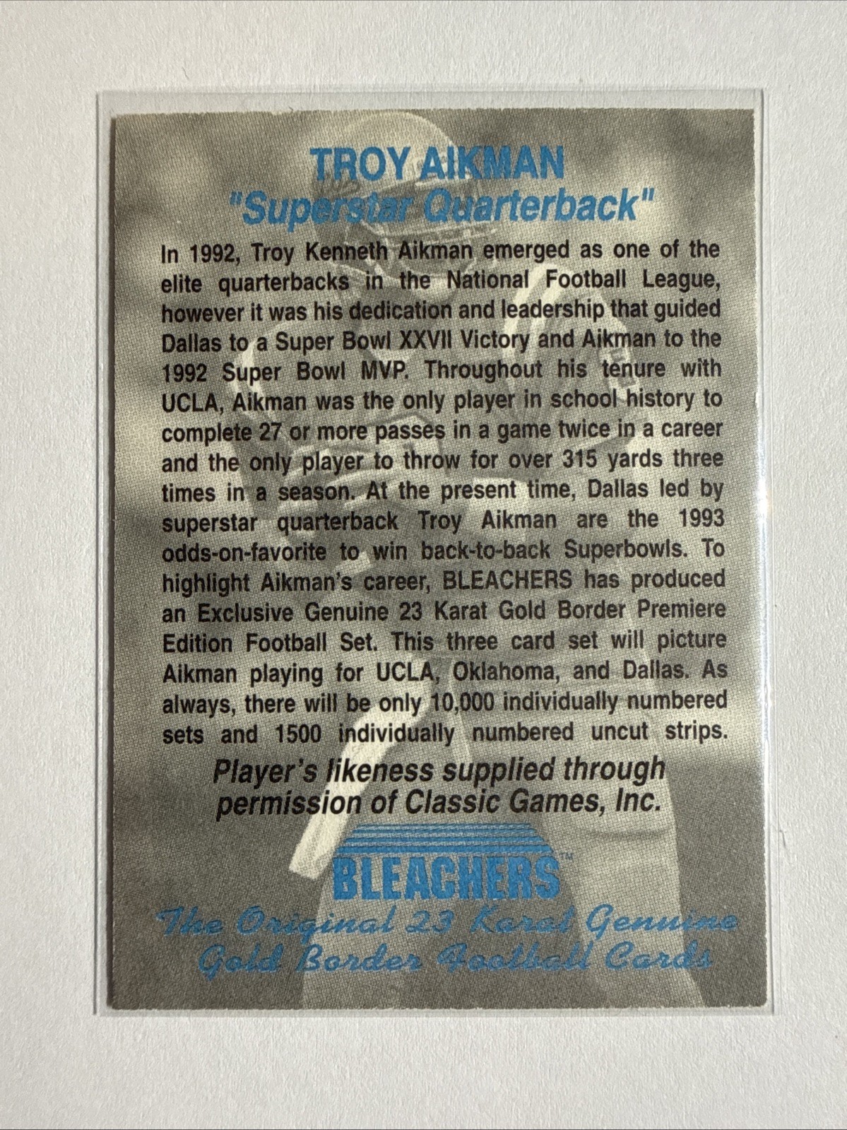 Troy Aikman – 1993 Bleachers Tuff Stuff Buyers Club /10000 Promo Dallas Cowboys