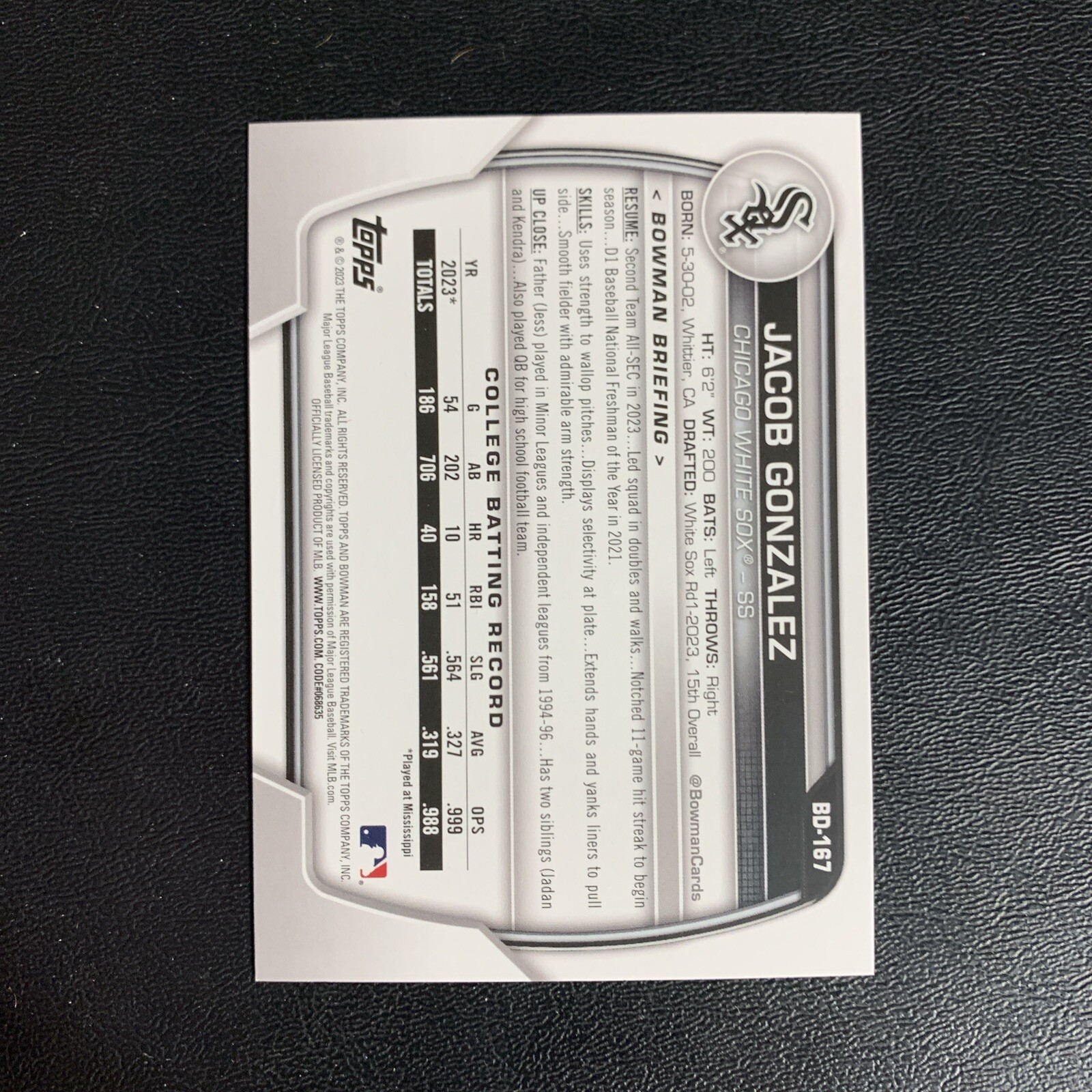 2023 Bowman Draft Jacob Gonzalez 1st Chicago White Sox