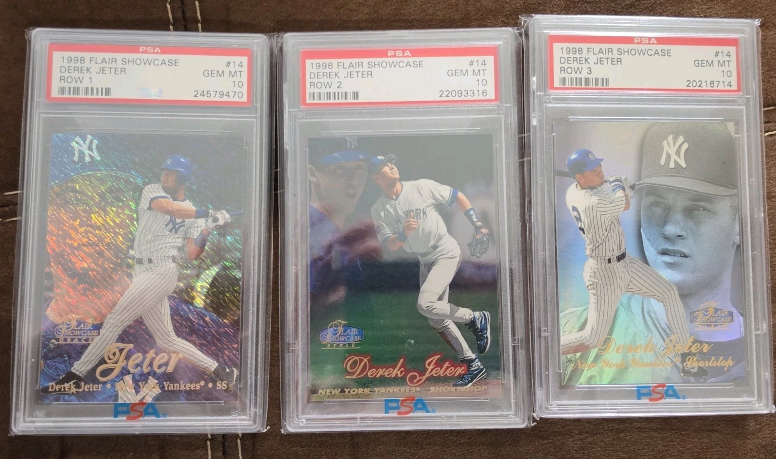 1998 Flair Showcase #14 Derek Jeter Row 1, 2, & 3 – Set of 3 Cards – All PSA 10