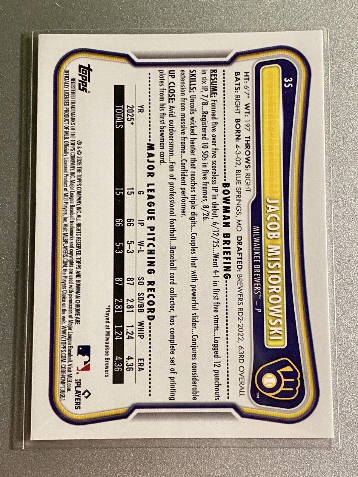 2026 Bowman Chrome Jacob Misiorowski #35 Mojo Refractor (RC) Rookie Brewers