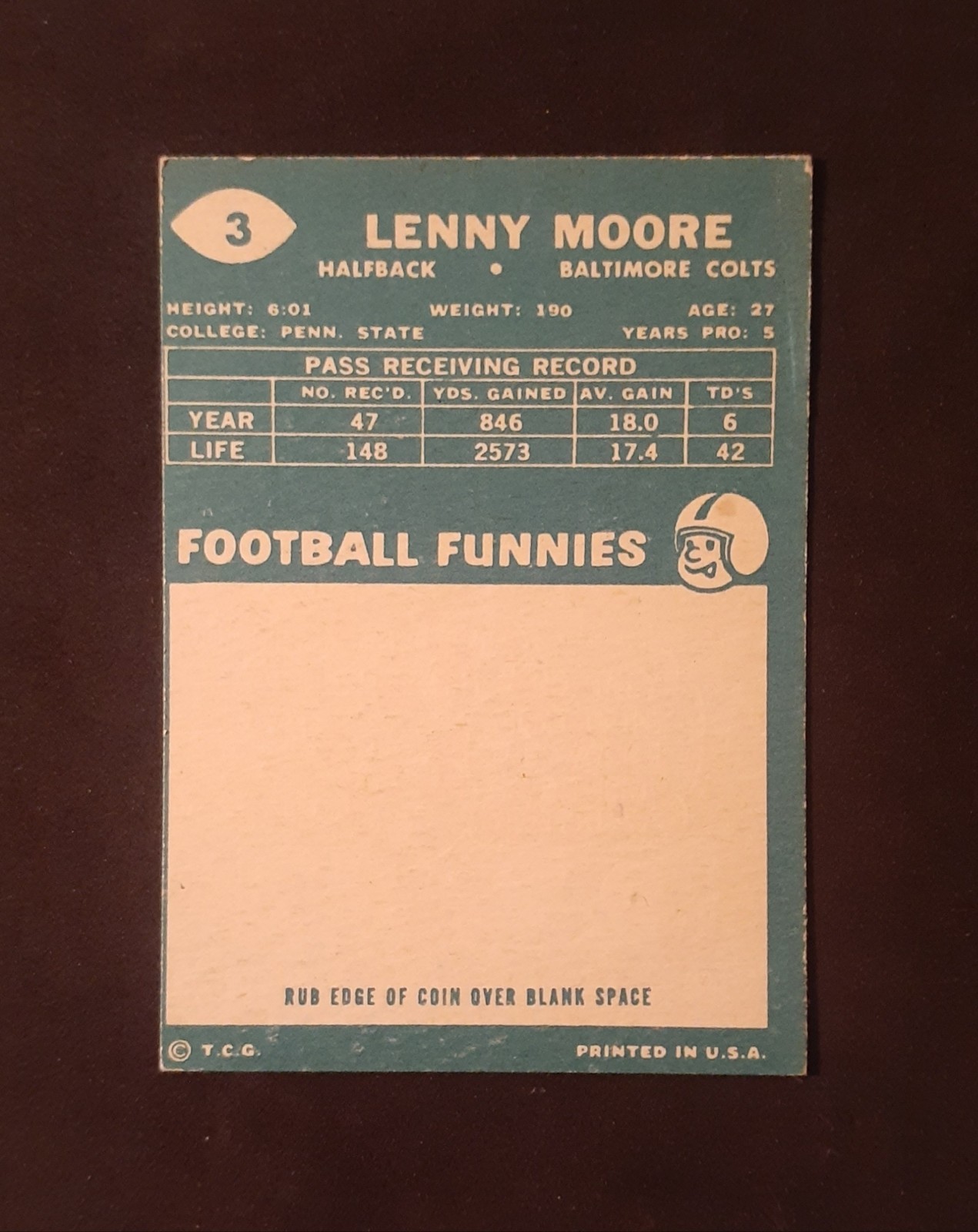 1960 Topps Lenny Moore #3, Solid Card, No Creases Or Wrinkles