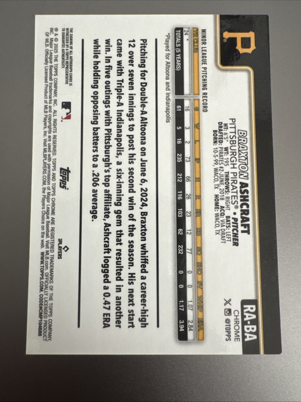 2025 Topps Chrome Update Series – Autographs Braxton Ashcraft #RA-BA Orange Wave