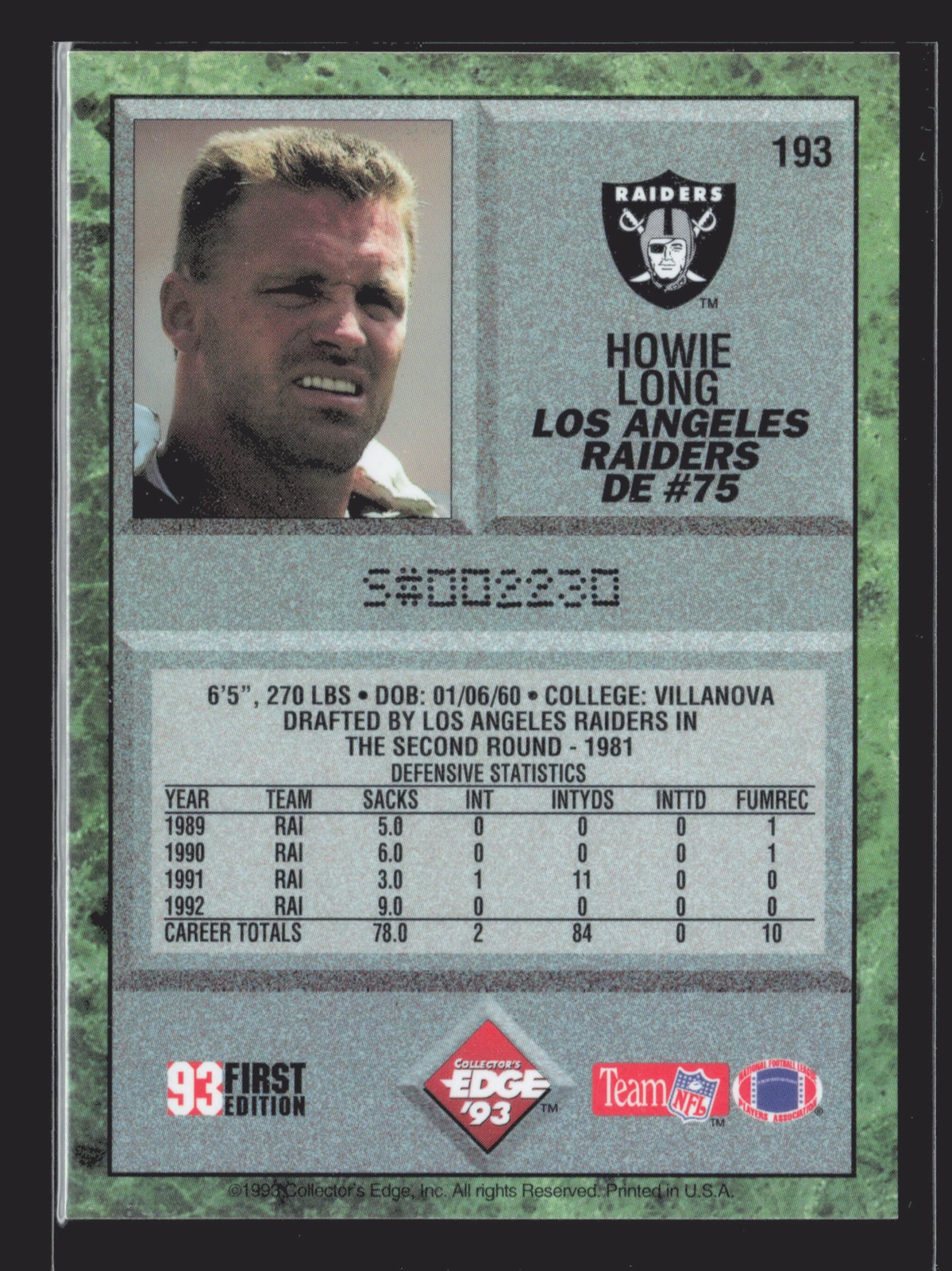 1993 Collector’s Edge #193 Howie Long Los Angeles Raiders