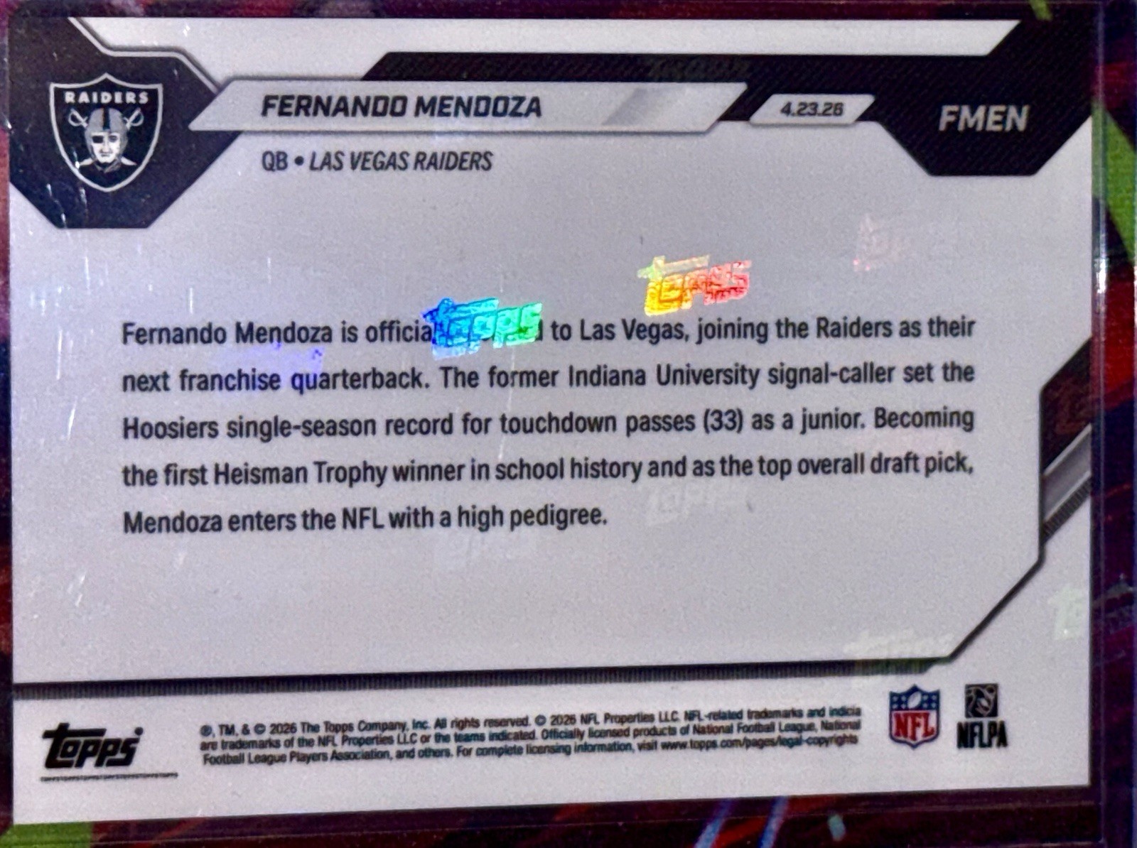 🏈 Fernando Mendoza Rookie Draft Night #FMEN Las Vegas Raiders NM 2026 Topps Now