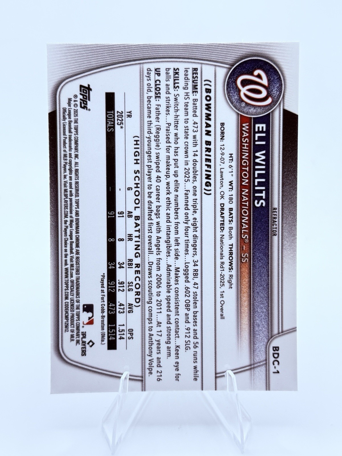 ELI WILLITS RC – SP 1st CHROME REFRACTOR #BDC-1 – 2025 Bowman Draft NATIONALS