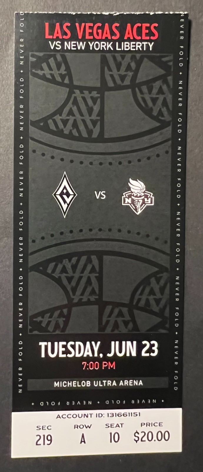 2026 WNBA New York Liberty vs Las Vegas Aces Ticket Stub 6/23/26 Mint Condition!