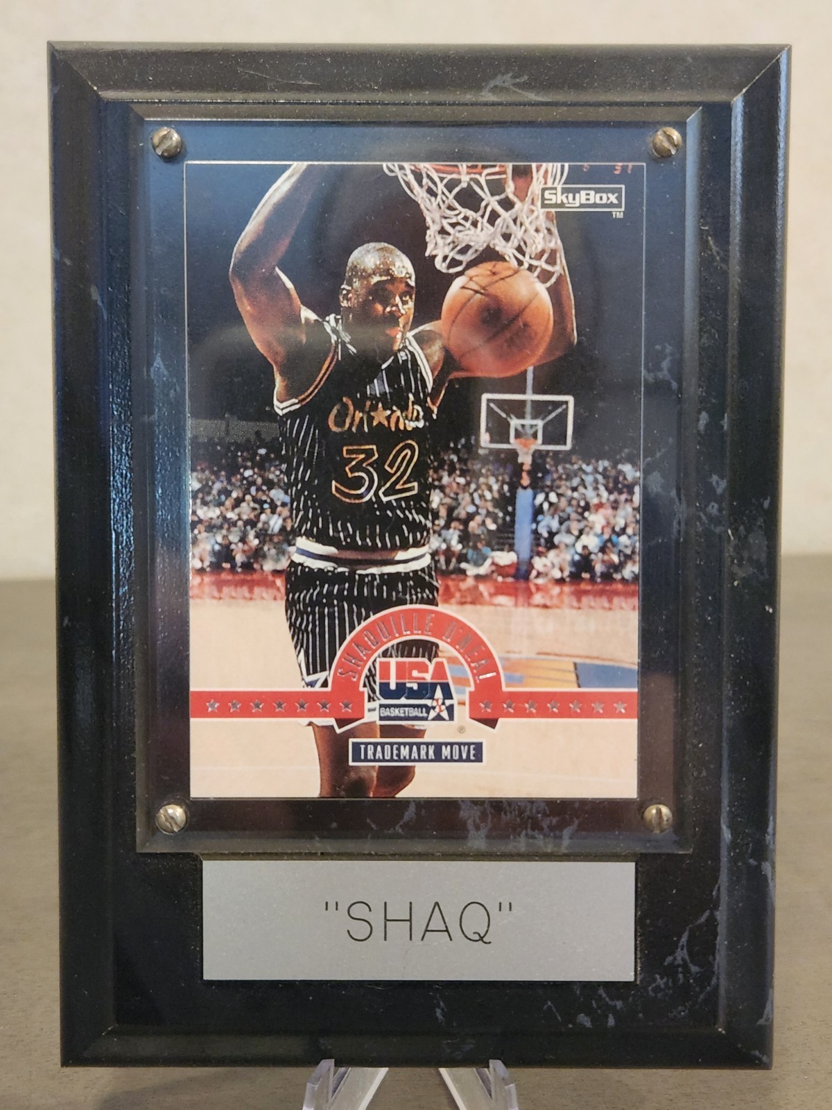 1994 SkyBox USA Shaquille O’Neal Card Mounted On Wood Plaque 6X4 Inches. “Shaq”