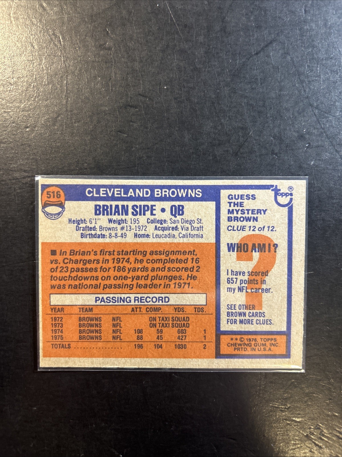 1976 Topps – Brian Sipe #516 (RC) Cleveland Browns ( Has A Crease)