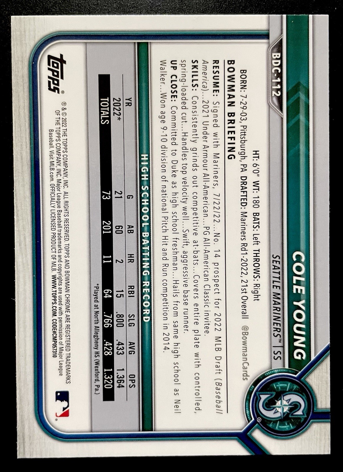 Cole Young 2022 Bowman Draft Chrome Sparkle Refractor #BDC-112 Seattle Mariners