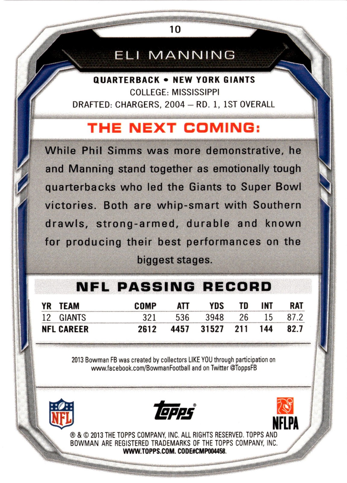 2013 Bowman #10 Eli Manning (AB)