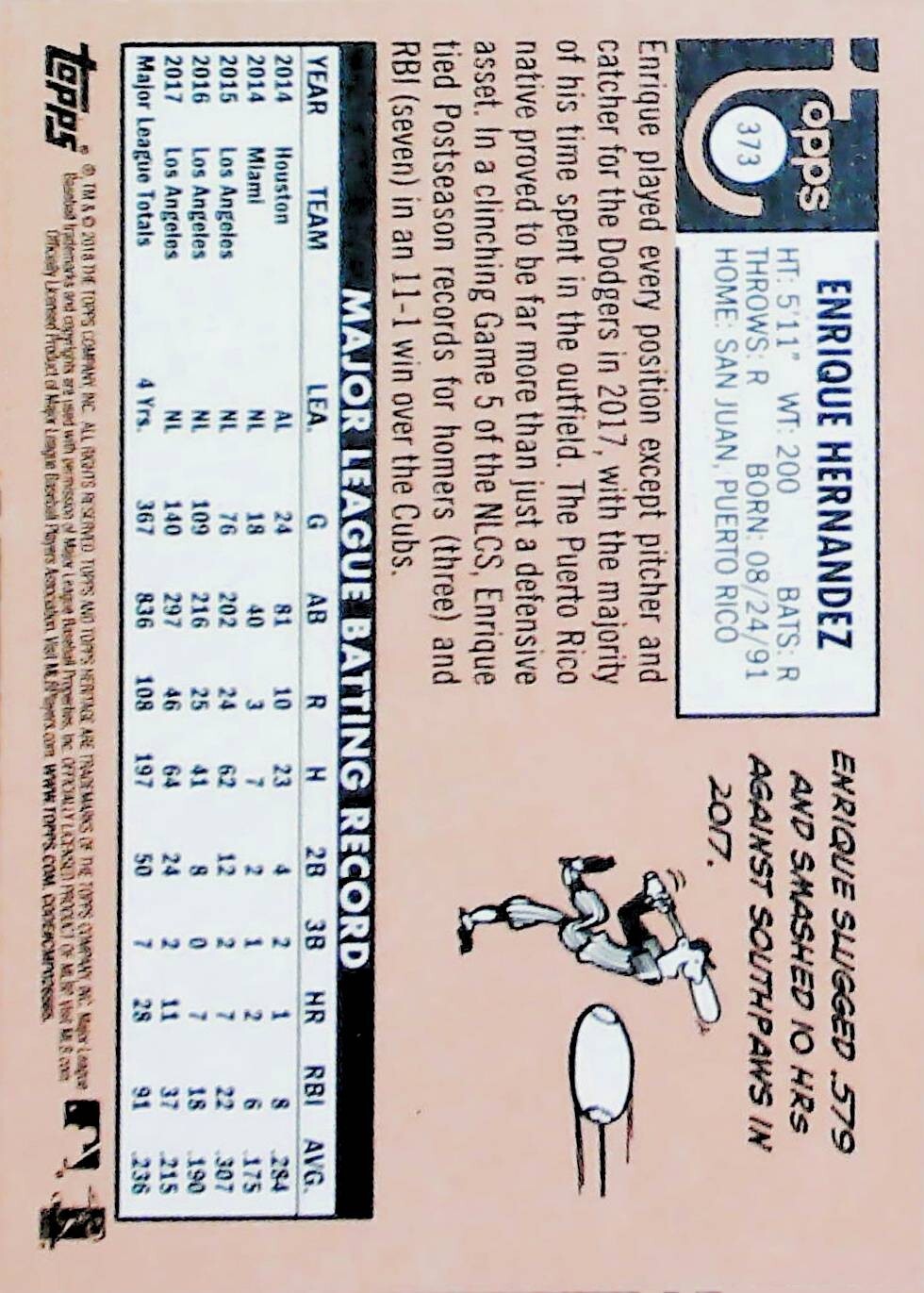 2018 Topps Heritage #373 Enrique Hernandez Los Angeles Dodgers