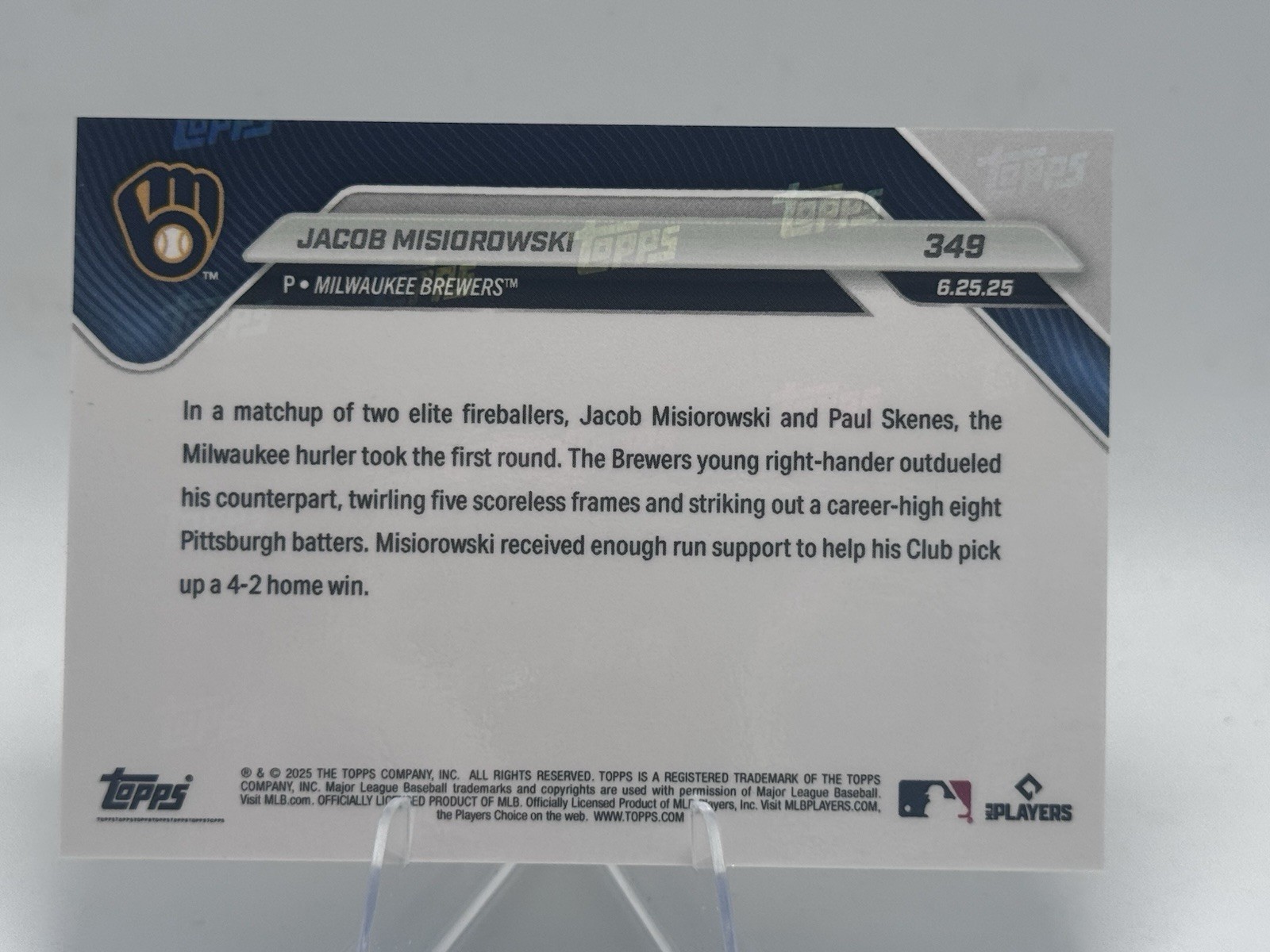 Jacob Misiorowski 2025 Topps Now MLB Call Up #349 ⚾️ Milwaukee Brewers RC