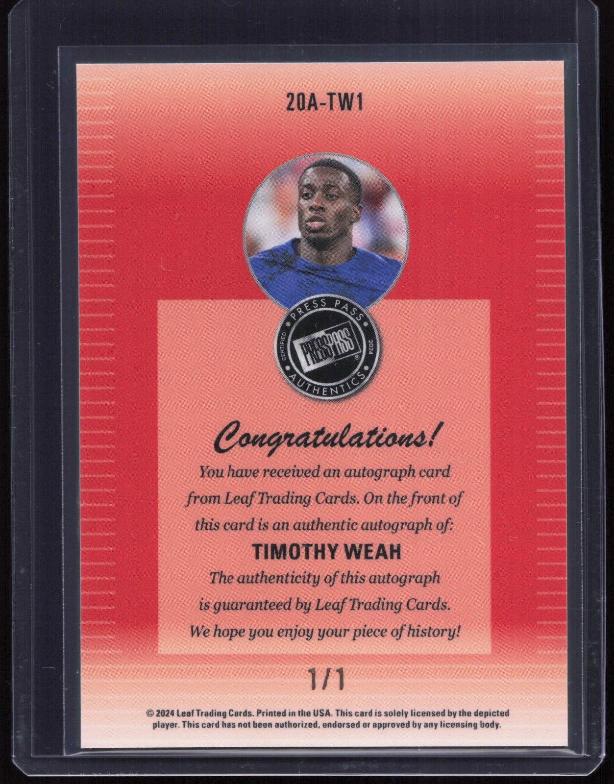 2024 Leaf Collective Press Pass Timothy Weah Green Shimmer Auto 1/1 USA